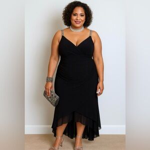 dressbarn Black High Low Dress with Rhinestone Accents Size 16W